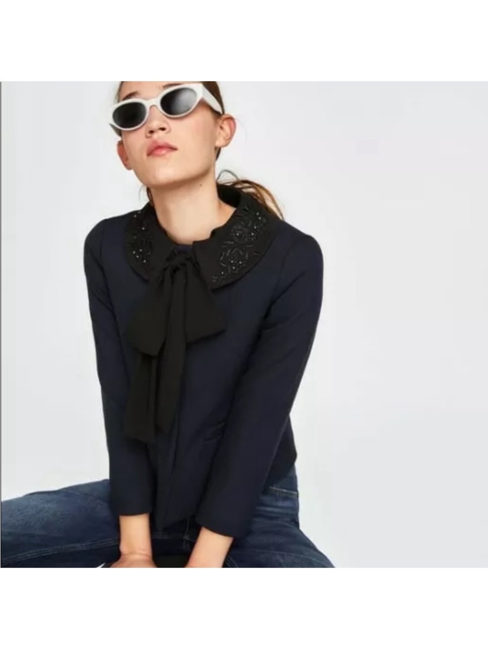 Zara Navy Crop Jacket with Detachable Embellished Collar Large